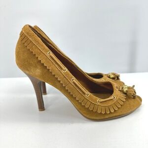 MIA Suede Fringe Tassel Peep Toe Heels 9M Camel Brown Boho Y2K Western Pumps